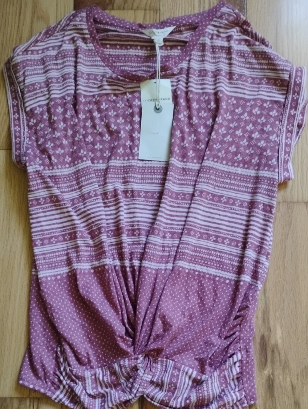 Lucky Brand Dusty Mauve Patterned Short Sleeve Twist-Hem Top, XS
